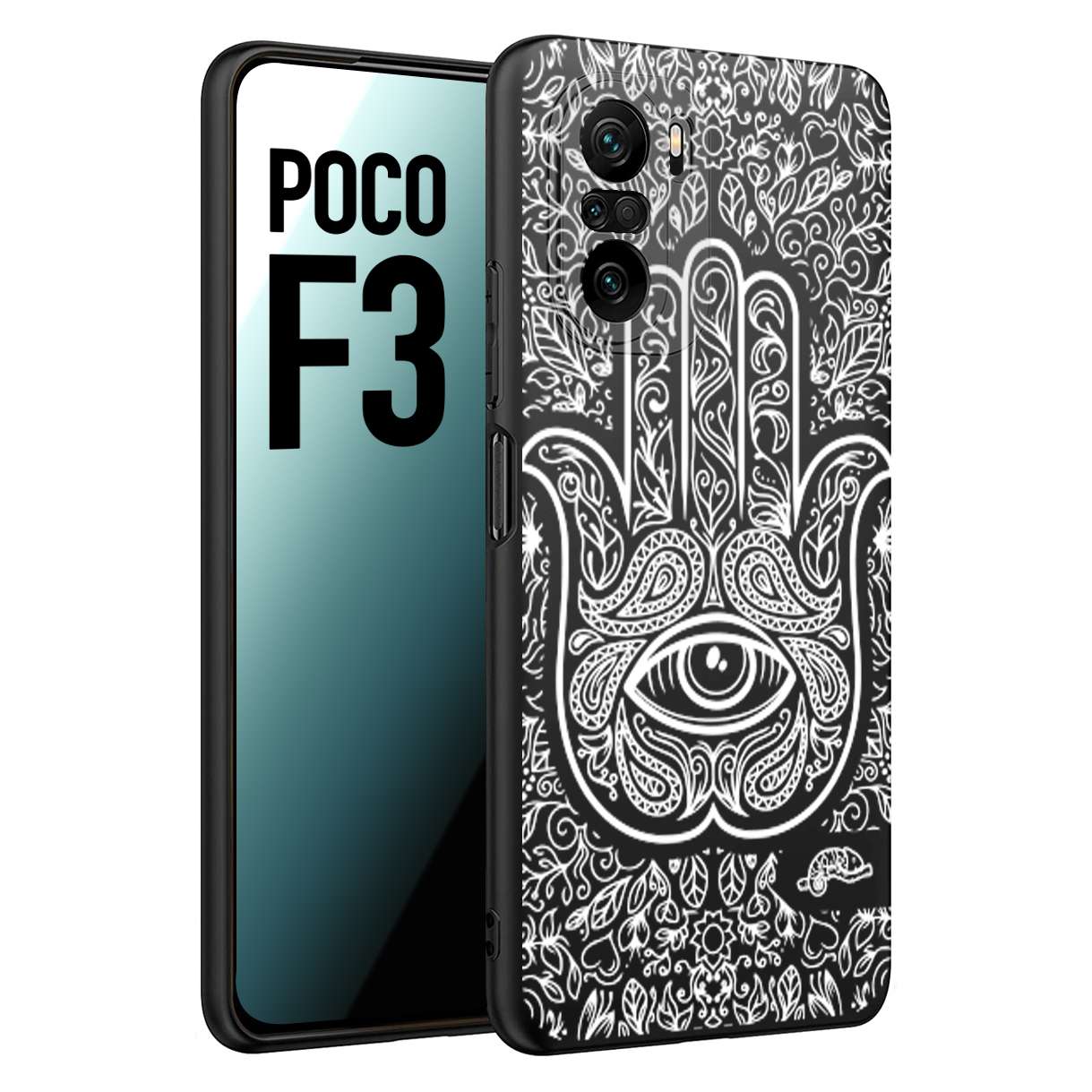 CUSTOMIZZA - Custodia cover nera morbida in tpu compatibile per Xiaomi Poco F3 mano di fatima effetto rilievo mandala donna