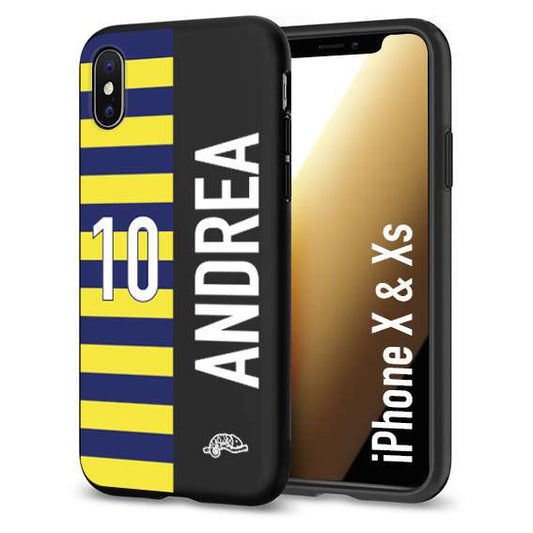 CUSTOMIZZA - Custodia cover nera morbida in tpu compatibile per iPhone X - Xs personalizzata calcio football nome e numero calciatori giallo blu