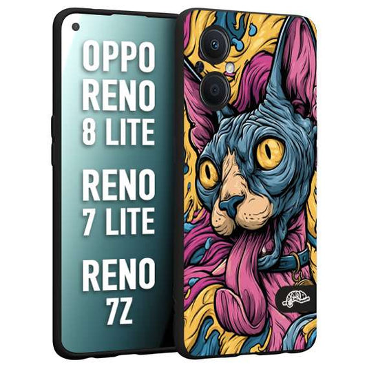 CUSTOMIZZA - Custodia cover nera morbida in tpu compatibile per Oppo Reno 7 Lite - 8 Lite - 7Z Sphynx Colorato Pop Art Psichedelico Gatto Blu Rosa Giallo Artistica Fantasy