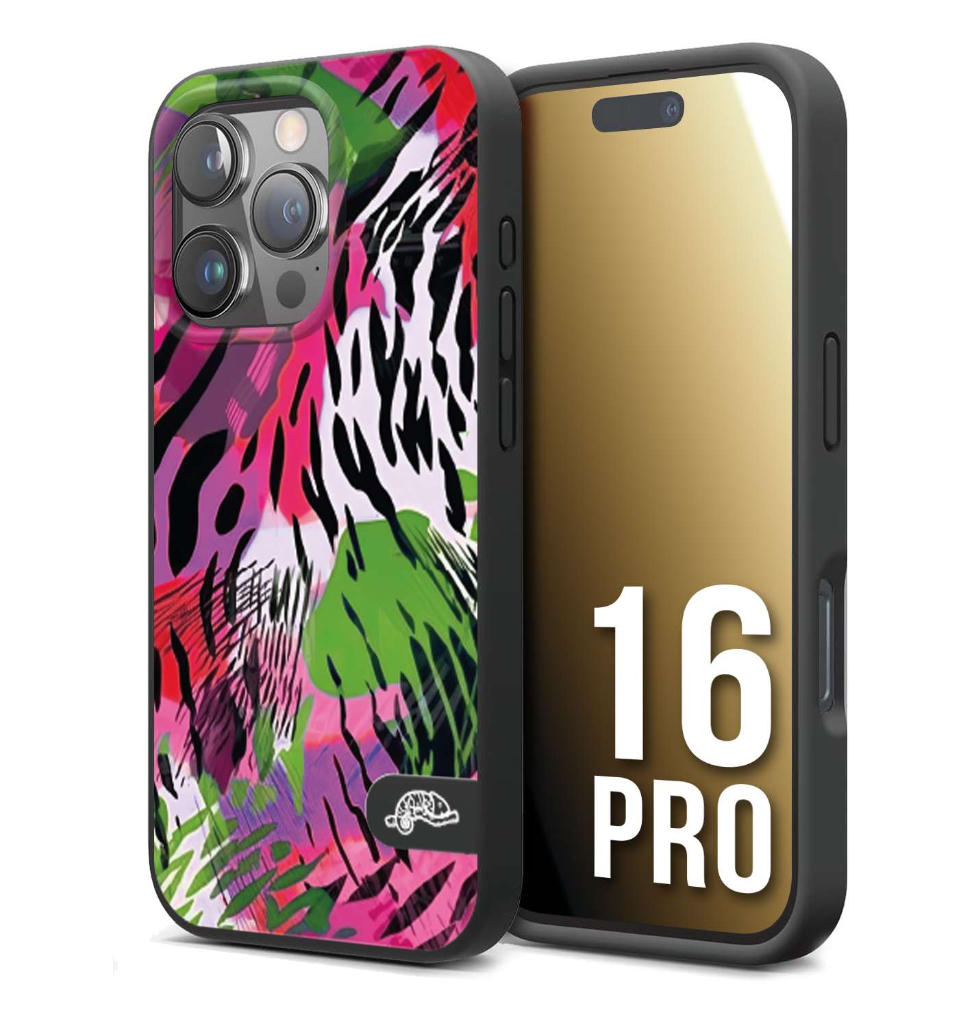 CUSTOMIZZA - Custodia cover nera morbida in tpu compatibile per iPhone 16 PRO leopardato tigrato tiger colorata summer color verde fucsia