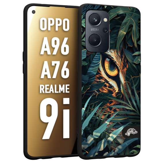 CUSTOMIZZA - Custodia cover nera morbida in tpu compatibile per Realme 9i - A96 - A76 animali color giungla tropicale occhio di giaguaro felino disegnato