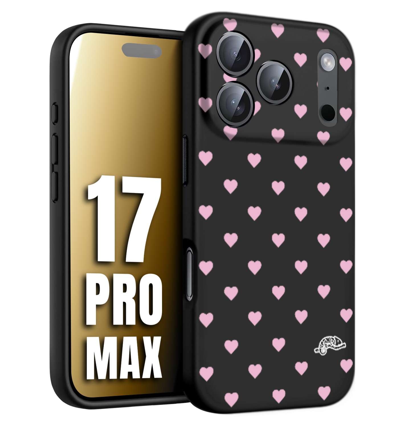 CUSTOMIZZA - Custodia cover nera morbida in tpu compatibile per iPhone 17 PRO MAX cuori pois rosa su nero donna pin up vintage