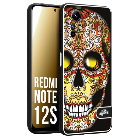 CUSTOMIZZA - Custodia cover nera morbida in tpu compatibile per Xiaomi Redmi Note 12S teschio messicano Mexican skull giallo rosso arancio