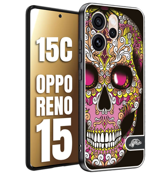 CUSTOMIZZA - Custodia cover nera morbida in tpu compatibile per Oppo Reno 15 - Reno 15Cteschio messicano Mexican skull rosa gialla