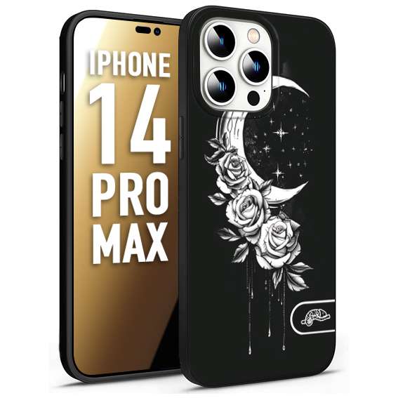 CUSTOMIZZA - Custodia cover nera morbida in tpu compatibile per iPhone 14 PRO MAX luna e fiori moon flowers black and white bianco a rilievo disegnato tattoo tatuaggio