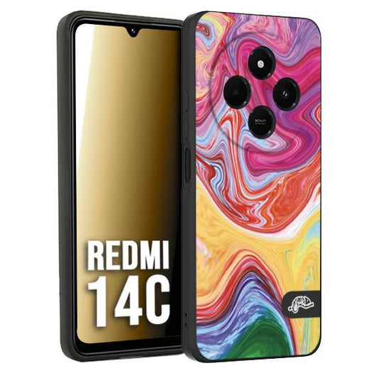 CUSTOMIZZA - Custodia cover nera morbida in tpu compatibile per Xiaomi Redmi 14C colorata fantasia vortice marmo onde verde fucsia gialla