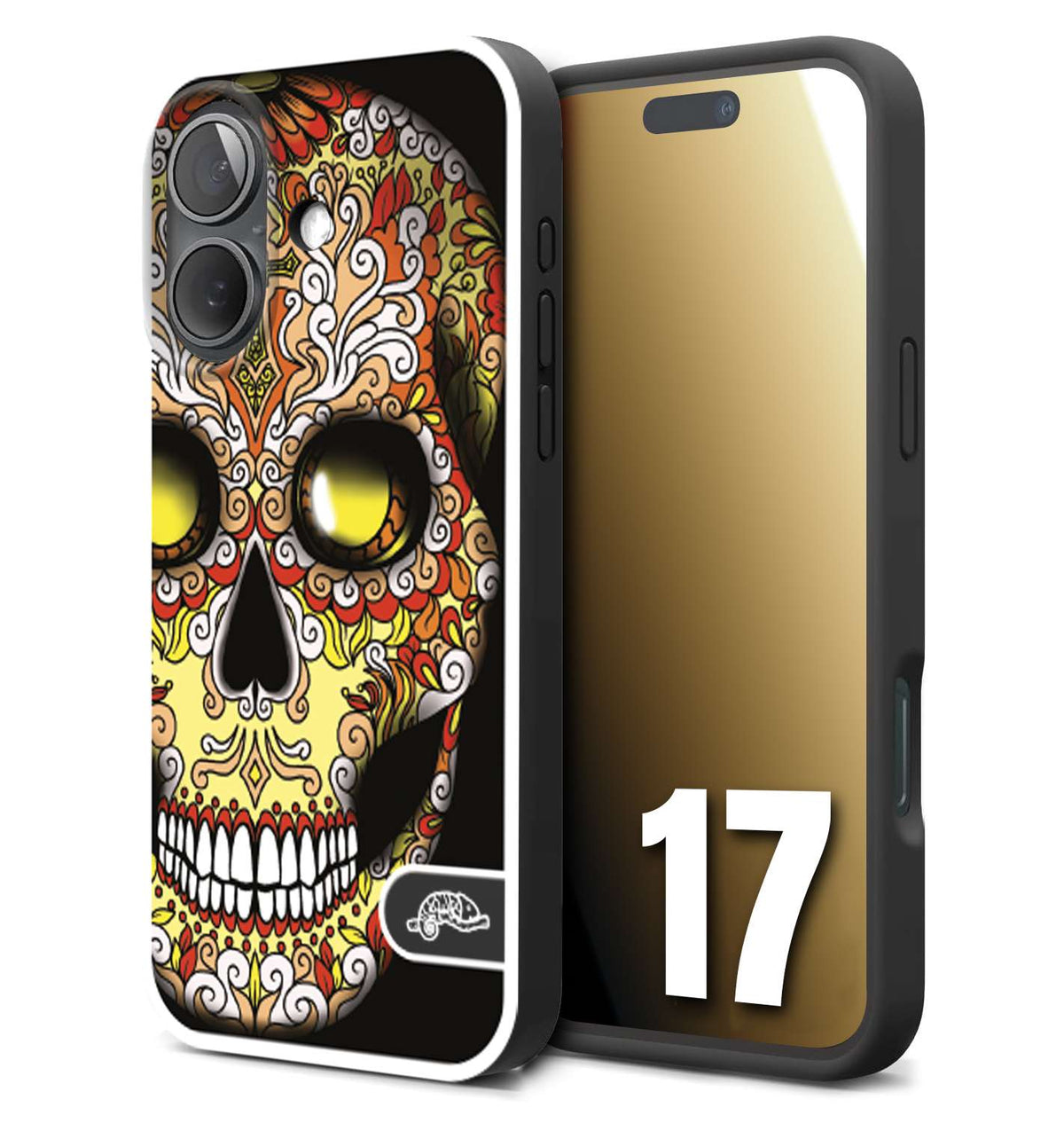 CUSTOMIZZA - Custodia cover nera morbida in tpu compatibile per iPhone 17 teschio messicano Mexican skull giallo rosso arancio