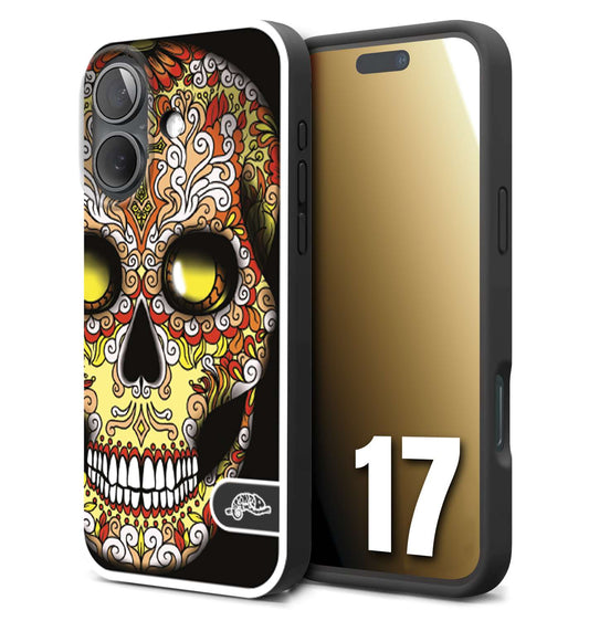 CUSTOMIZZA - Custodia cover nera morbida in tpu compatibile per iPhone 17 teschio messicano Mexican skull giallo rosso arancio