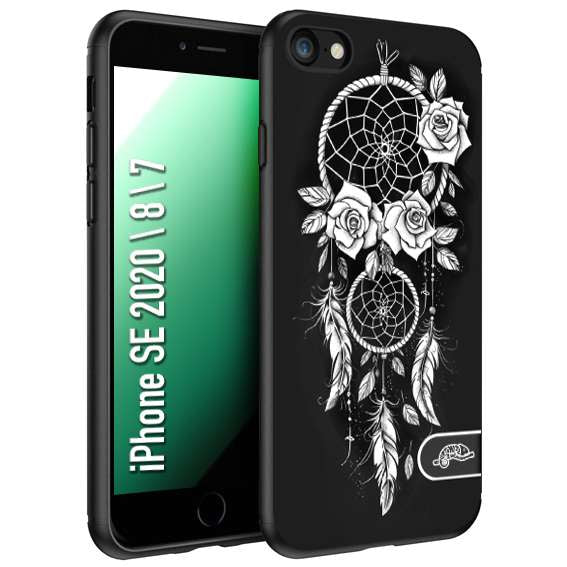 CUSTOMIZZA - Custodia cover nera morbida in tpu compatibile per iPhone 7 - 8 - SE 2020 / 2022 acchiappasogni dreamcatcher black and white bianco a rilievo disegnato tattoo tatuaggio