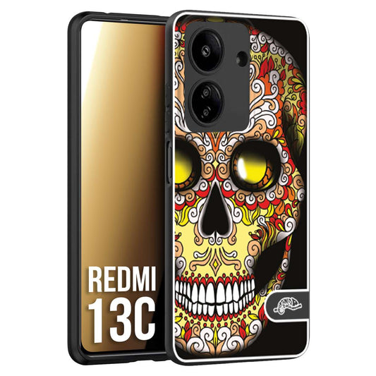 CUSTOMIZZA - Custodia cover nera morbida in tpu compatibile per Xiaomi Redmi 13C teschio messicano Mexican skull giallo rosso arancio