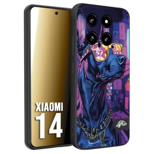 CUSTOMIZZA - Custodia cover nera morbida in tpu compatibile per Xiaomi 14 animali cyberpunk dobermann cane street dog fucsia blu night