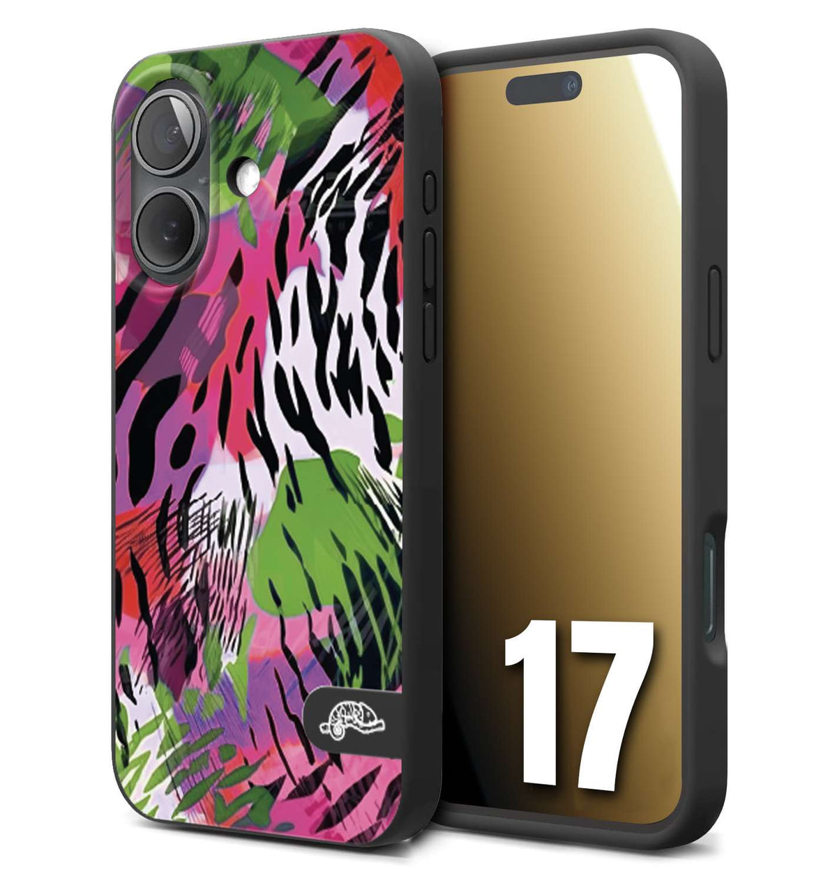 CUSTOMIZZA - Custodia cover nera morbida in tpu compatibile per iPhone 17 leopardato tigrato tiger colorata summer color verde fucsia