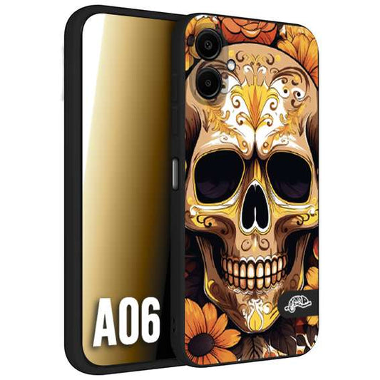 CUSTOMIZZA - Custodia cover nera morbida in tpu compatibile per Samsung A06 teschio messicano colorato dorato fiori tattoo disegnato
