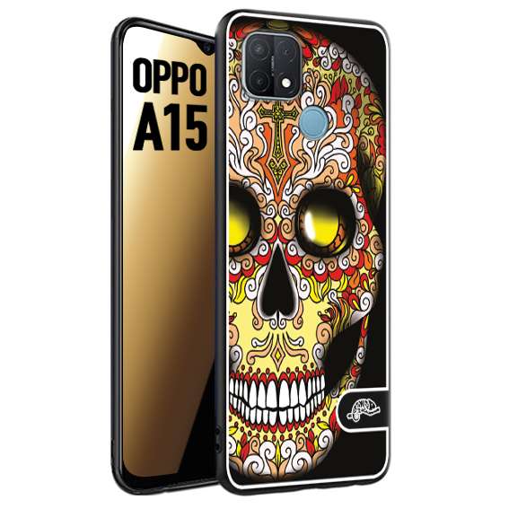 CUSTOMIZZA - Custodia cover nera morbida in tpu compatibile per Oppo A15 teschio messicano Mexican skull giallo rosso arancio