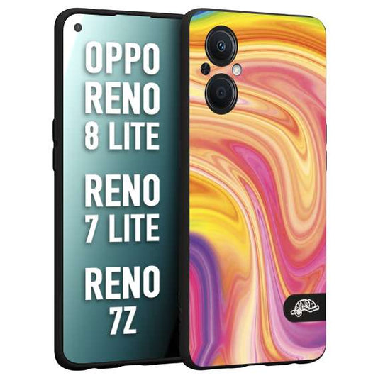 CUSTOMIZZA - Custodia cover nera morbida in tpu compatibile per Oppo Reno 7 Lite - 8 Lite - 7Z colorata fantasia vortice marmo onde rosa fucsia gialla