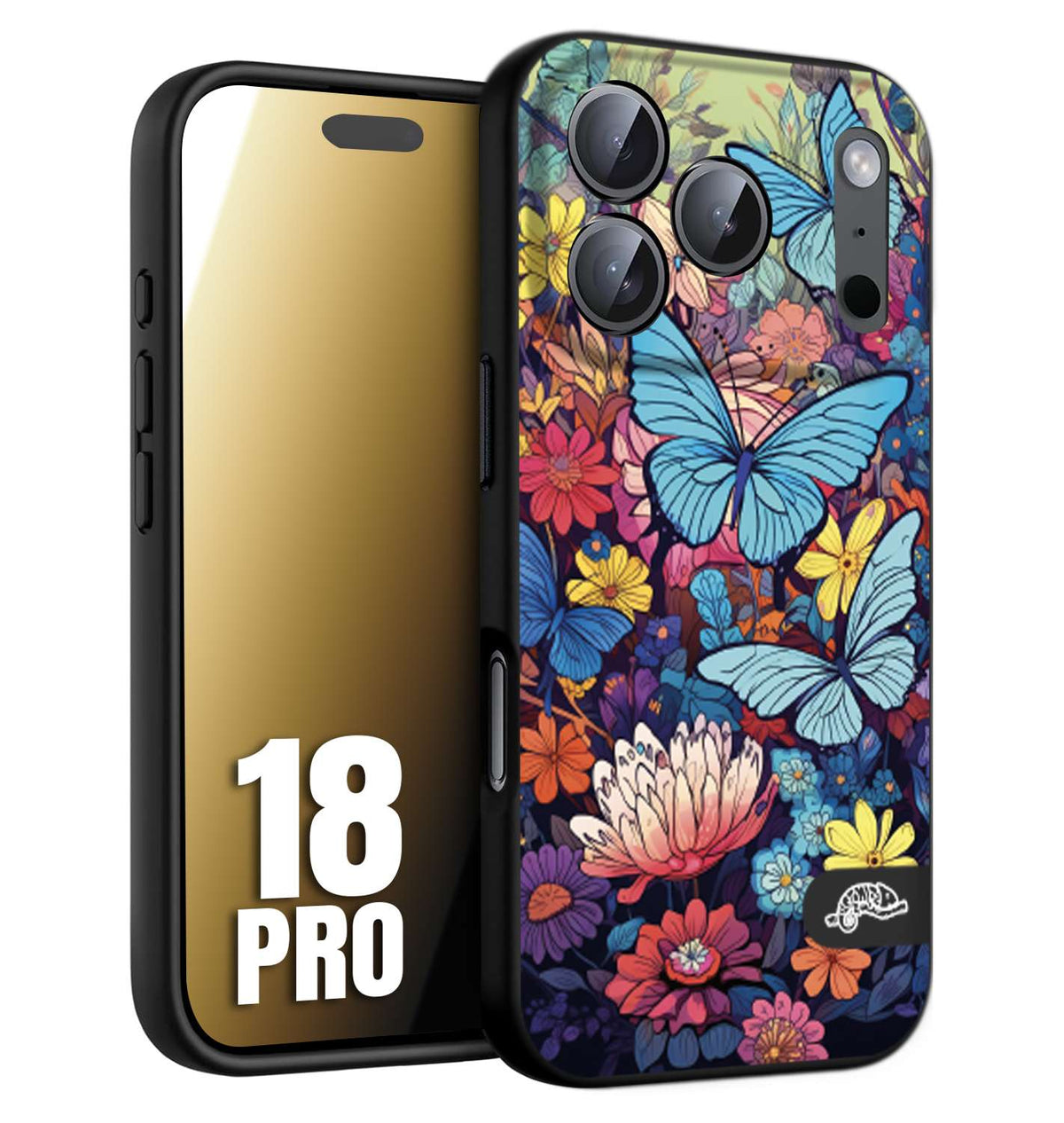 CUSTOMIZZA - Custodia cover nera morbida in tpu compatibile per iPhone 18 PRO farfalle butterfly moderno donna disegnate gialla blu rosa