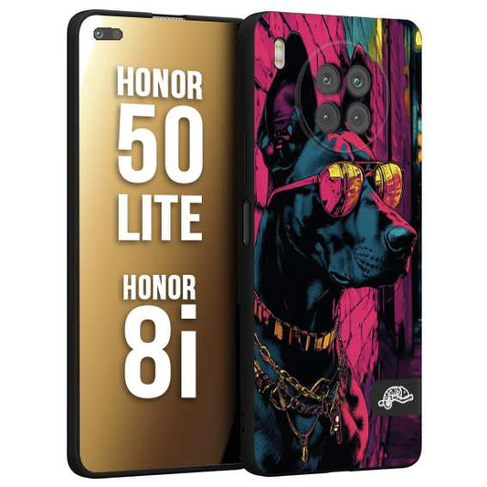 CUSTOMIZZA - Custodia cover nera morbida in tpu compatibile per Honor 8i - Honor 50 LITE animali cyberpunk dobermann cane street dog fucsia blu