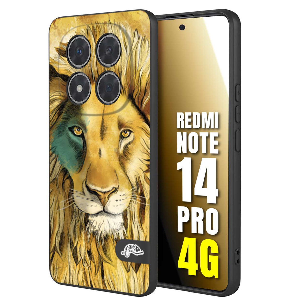 CUSTOMIZZA - Custodia cover nera morbida in tpu compatibile per Xiaomi Redmi Note 14 PRO 4G leone lion disegnato a mano giallo blu a rilievo artistico brown