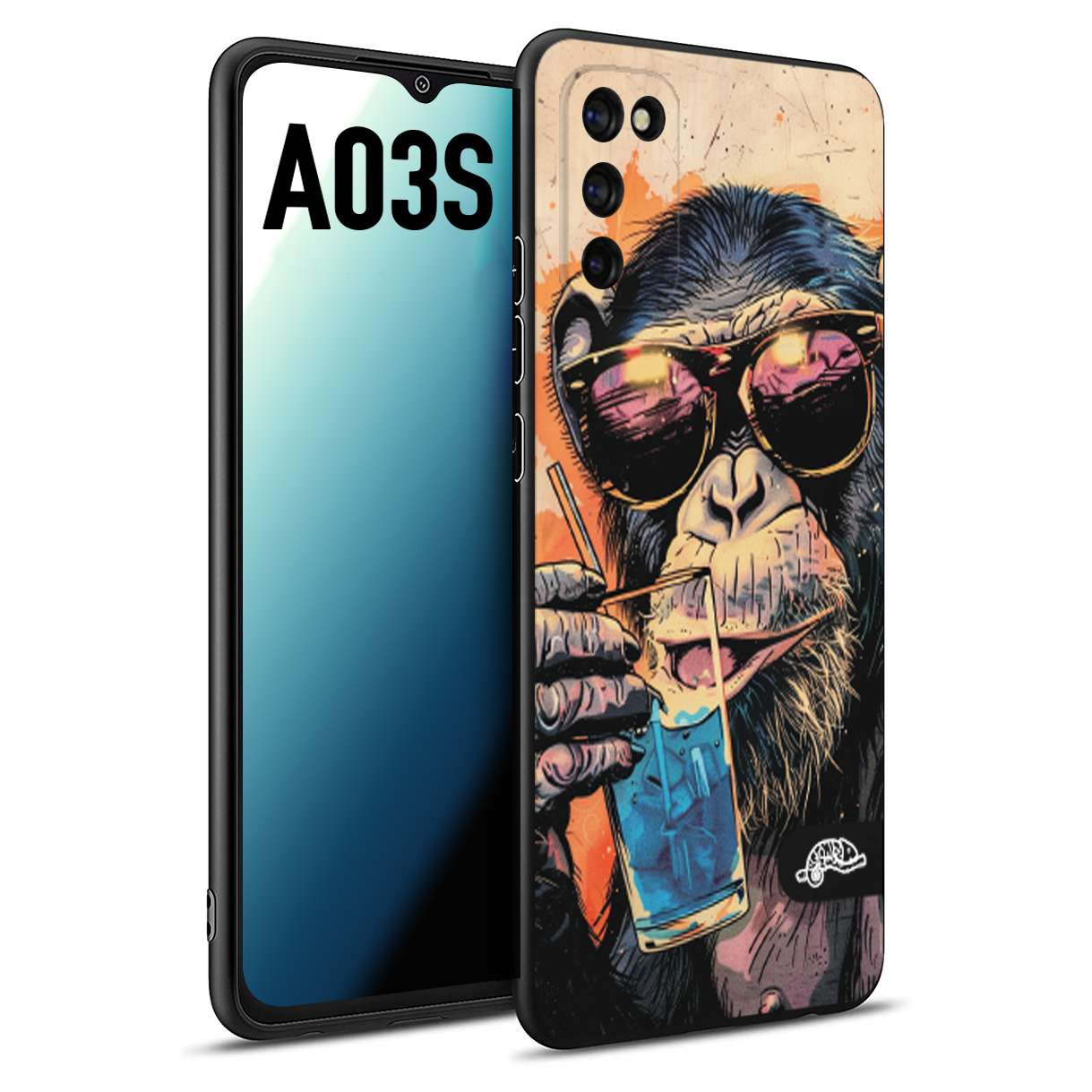 CUSTOMIZZA - Custodia cover nera morbida in tpu compatibile per Samsung A03S estate disegnata cocktails animali simpatici scimmia monkey negroni