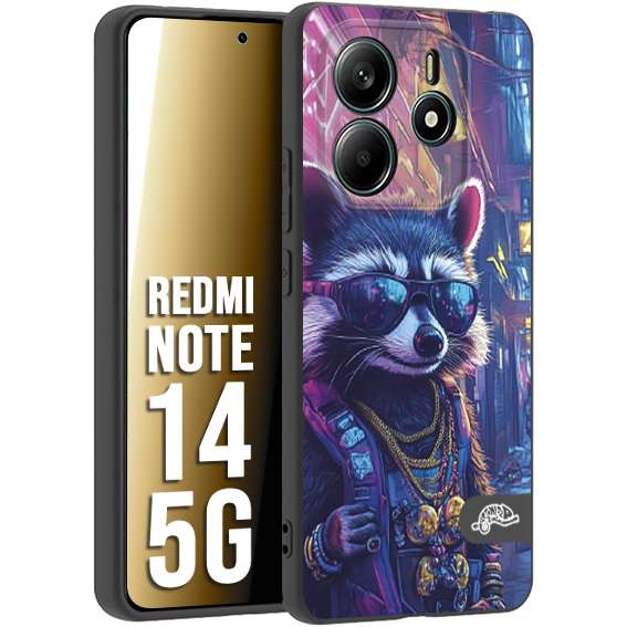 CUSTOMIZZA - Custodia cover nera morbida in tpu compatibile per Xiaomi Redmi Note 14 5G animali simpatici cyberpunk procione racoon street cat fucsia blu giallo