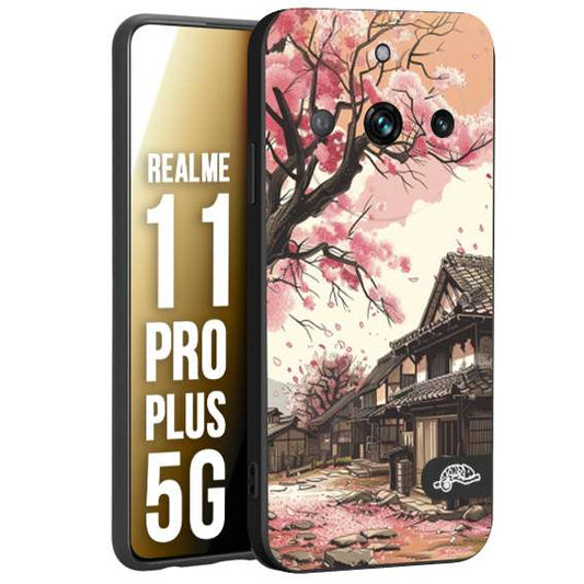 CUSTOMIZZA - Custodia cover nera morbida in tpu compatibile per Realme 11 PRO PLUS 5G casa giapponese rosa ciliegio in fiore disegnata tattoo