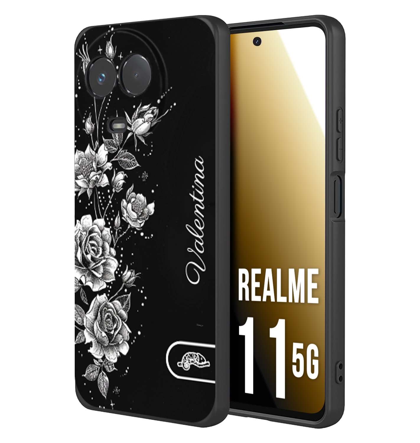 CUSTOMIZZA - Custodia cover nera morbida in tpu compatibile per Oppo Realme 11 5G a rilievo soft touch personalizzata nome rose fiori donna