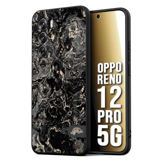 CUSTOMIZZA - Custodia cover nera morbida in tpu compatibile per Oppo Reno 12 PRO 5G effetto marmo marble nero black venature dorato pietra