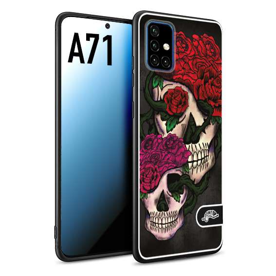 CUSTOMIZZA - Custodia cover nera morbida in tpu compatibile per Samsung A71 teschi e rose rosse fucsia skull and roses