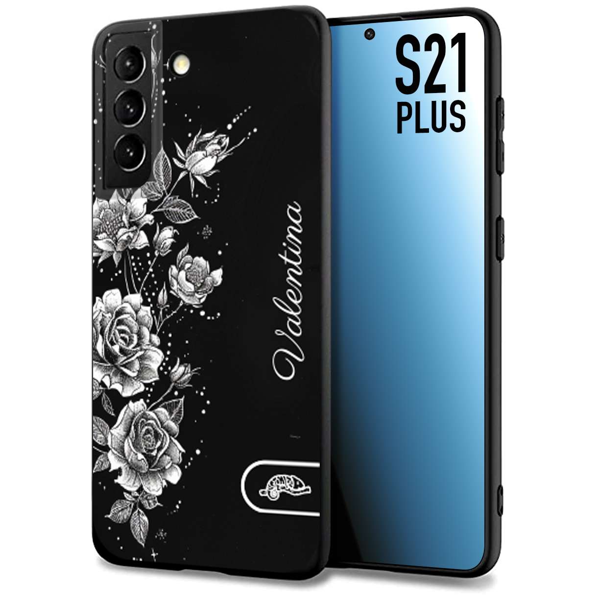 CUSTOMIZZA - Custodia cover nera morbida in tpu compatibile per Samsung S21 PLUS a rilievo soft touch personalizzata nome rose fiori donna