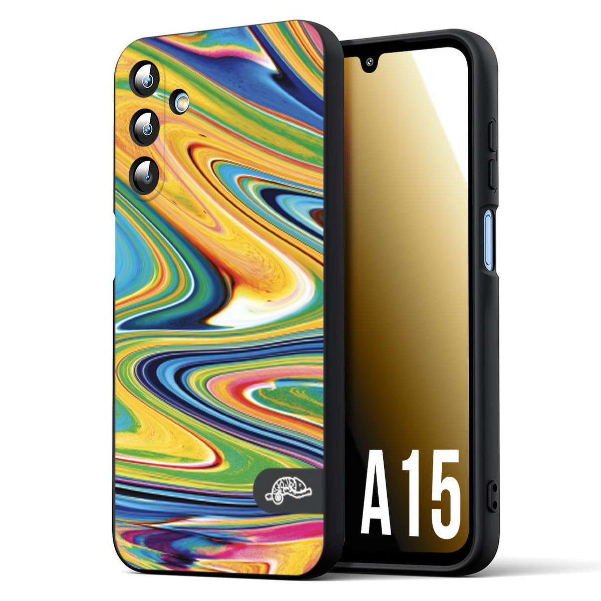 CUSTOMIZZA - Custodia cover nera morbida in tpu compatibile per Samsung A15 5G colorata fantasia vortice marmo arcobaleno gialla verde blu