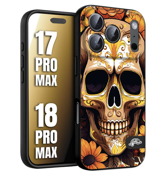 CUSTOMIZZA - Custodia cover nera morbida in tpu compatibile per iPhone 17 PRO MAX - 18 PRO MAX teschio messicano colorato dorato fiori tattoo disegnato