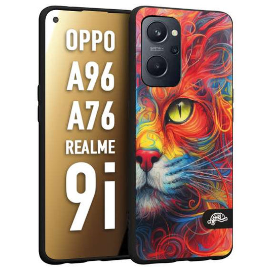 CUSTOMIZZA - Custodia cover nera morbida in tpu compatibile per Oppo Realme 9i - A96 - A76 animali color cat gatto viso colori vibranti disegnato schizzo