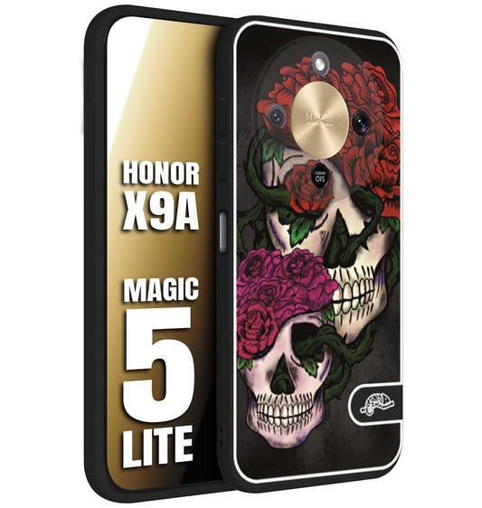 CUSTOMIZZA - Custodia cover nera morbida in tpu compatibile per Honor X9A - Honor Magic 5 Lite teschi e rose rosse fucsia skull and roses