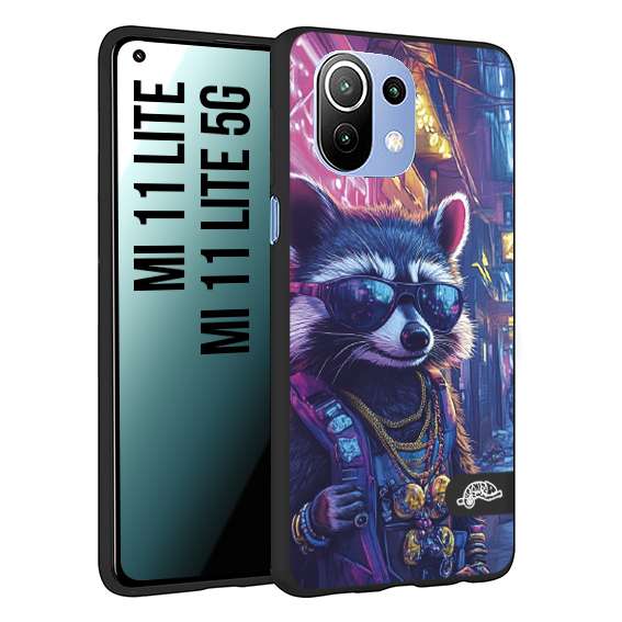 CUSTOMIZZA - Custodia cover nera morbida in tpu compatibile per Xiaomi Mi 11 Lite / Mi 11 Lite 5G animali simpatici cyberpunk procione racoon street cat fucsia blu giallo