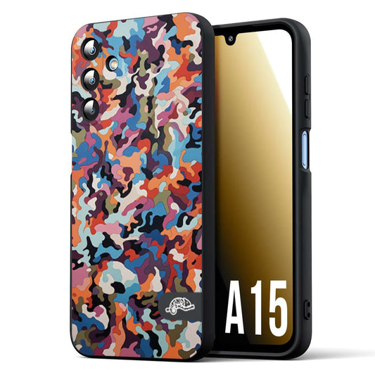 CUSTOMIZZA - Custodia cover nera morbida in tpu compatibile per Samsung A15 5G camouflage mimetico militare moderno blu arancio rosa