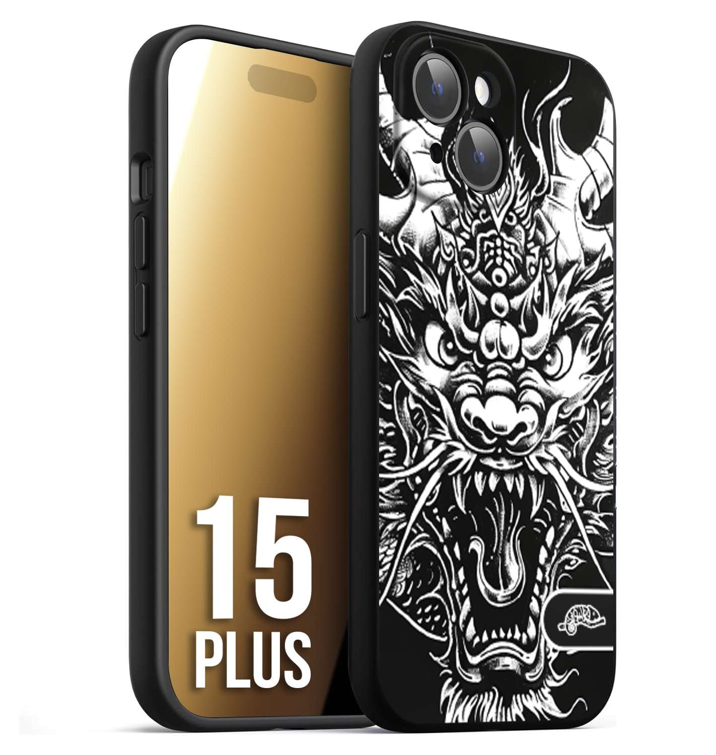 CUSTOMIZZA - Custodia cover nera morbida in tpu compatibile per iPhone 15 PLUS drago black and white bianco a rilievo disegnato tattoo tatuaggio