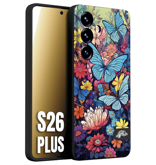 CUSTOMIZZA - Custodia cover nera morbida in tpu compatibile per Samsung S26 PLUS farfalle butterfly moderno donna disegnate gialla blu rosa