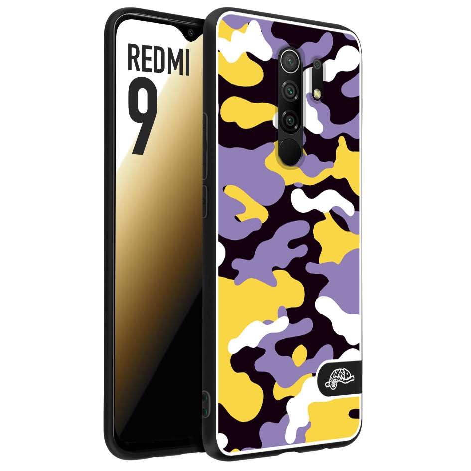 CUSTOMIZZA - Custodia cover nera morbida in tpu compatibile per Xiaomi Redmi 9 camouflage mimetico militare viola lilla giallo