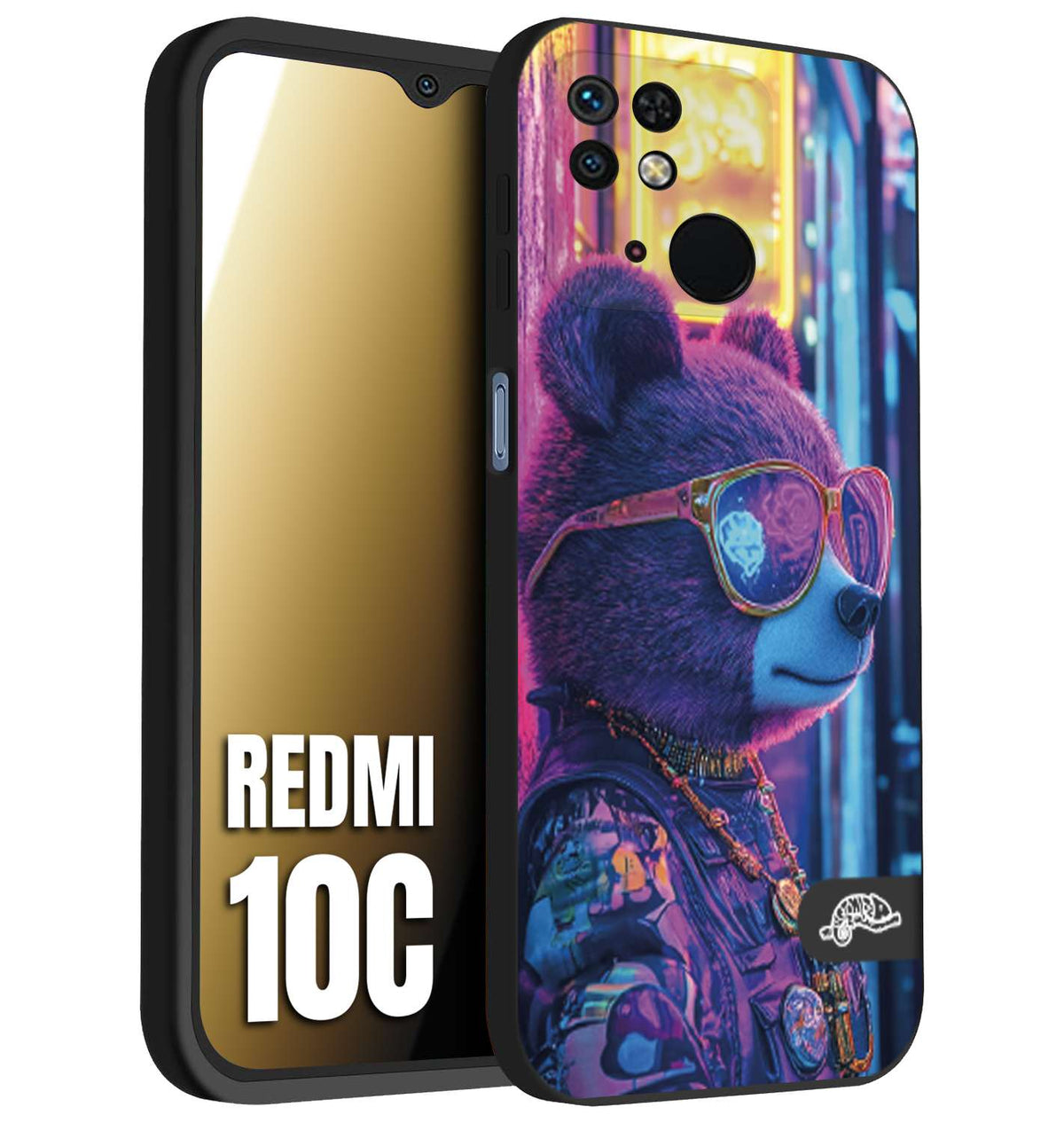 CUSTOMIZZA - Custodia cover nera morbida in tpu compatibile per Xiaomi Redmi 10C animali cyberpunk orsetto orso street bear fucsia blu night
