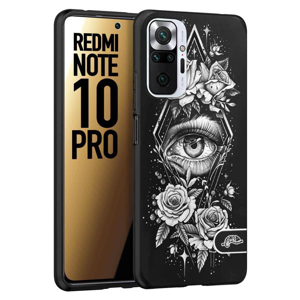 CUSTOMIZZA - Custodia cover nera morbida in tpu compatibile per Xiaomi Redmi Note 10 PRO occhio fiori rombo geometrico black and white bianco a rilievo disegnato tattoo tatuaggio