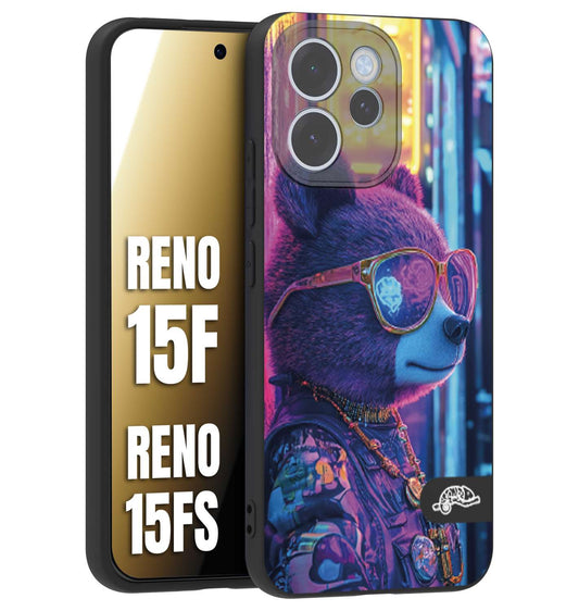 CUSTOMIZZA - Custodia cover nera morbida in tpu compatibile per Oppo Reno 15 F - Reno 15 FS animali cyberpunk orsetto orso street bear fucsia blu night