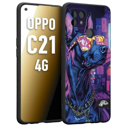 CUSTOMIZZA - Custodia cover nera morbida in tpu compatibile per Realme C21 4G animali cyberpunk dobermann cane street dog fucsia blu night
