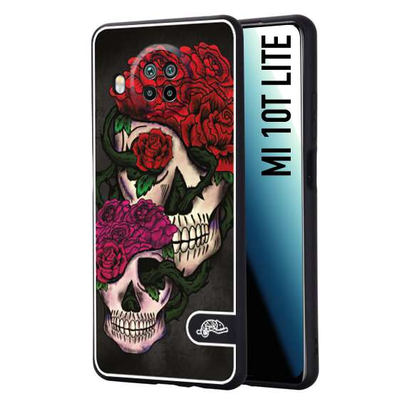 CUSTOMIZZA - Custodia cover nera morbida in tpu compatibile per Xiaomi Mi 10T LITE teschi e rose rosse fucsia skull and roses