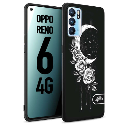 CUSTOMIZZA - Custodia cover nera morbida in tpu compatibile per Oppo Reno 6 4G luna e fiori moon flowers black and white bianco a rilievo disegnato tattoo tatuaggio