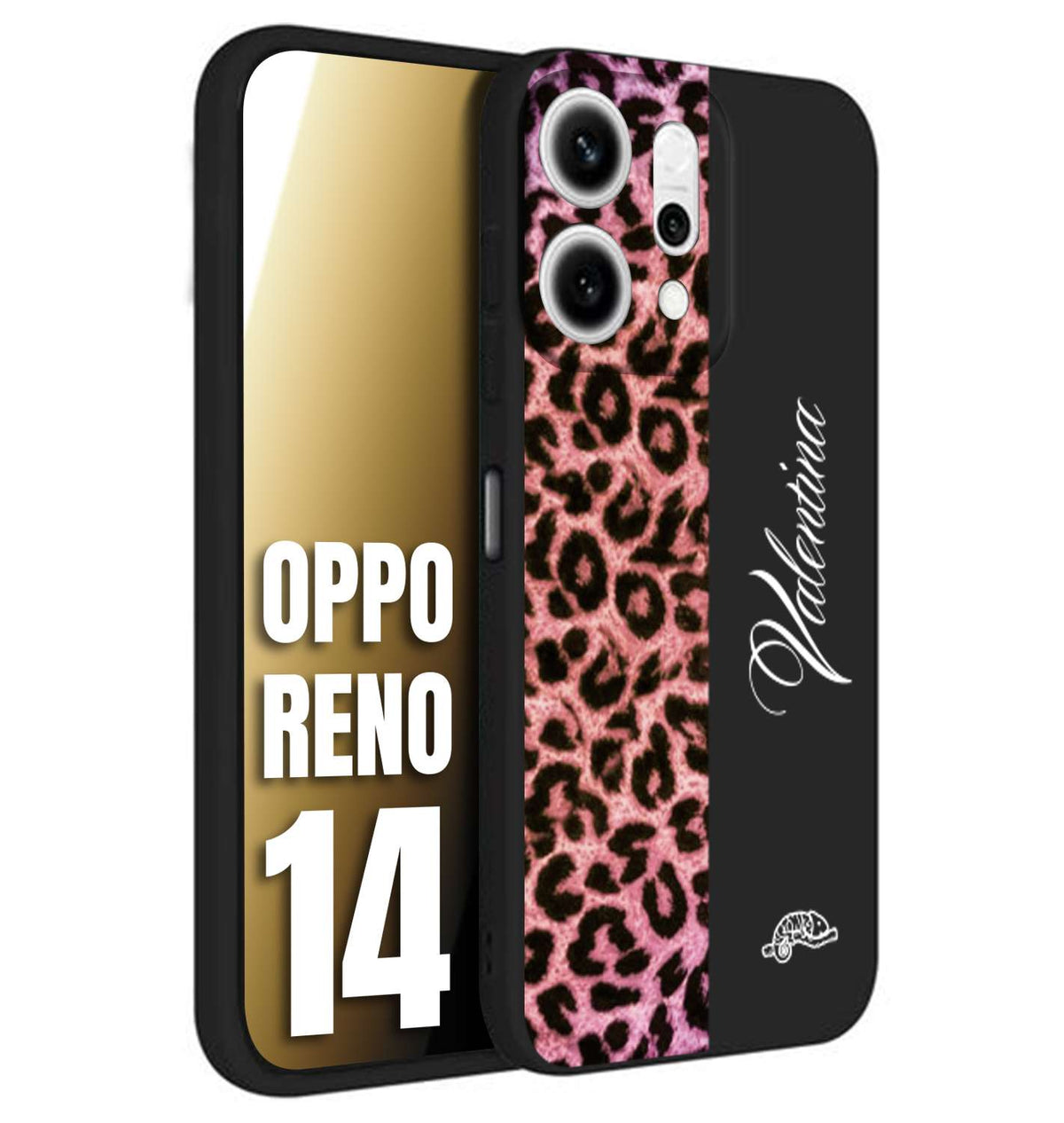 CUSTOMIZZA - Custodia cover nera morbida in tpu compatibile per Oppo Reno 14 leopardato rosa fucsia personalizzata nome iniziali