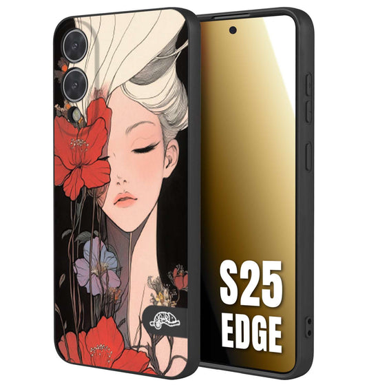 CUSTOMIZZA - Custodia cover nera morbida in tpu compatibile per Samsung S25 EDGE woman flower Fantasia Floreale Design Donna e Fiori, Retro Artistico