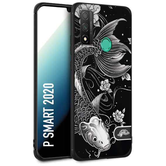 CUSTOMIZZA - Custodia cover nera morbida in tpu compatibile per Huawei P Smart 2020 carpa koi black and white bianco a rilievo disegnato tattoo tatuaggio