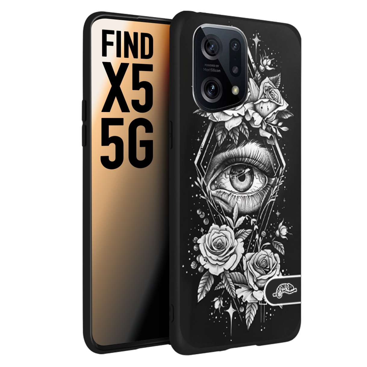 CUSTOMIZZA - Custodia cover nera morbida in tpu compatibile per Oppo Find X5 occhio fiori rombo geometrico black and white bianco a rilievo disegnato tattoo tatuaggio