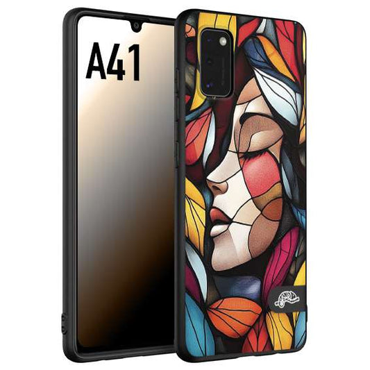 CUSTOMIZZA - Custodia cover nera morbida in tpu compatibile per Samsung A41 Vetrata artistica volto di donna profilo fogliare mosaico di vetro colorato