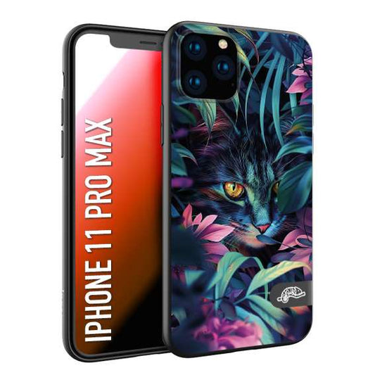 CUSTOMIZZA - Custodia cover nera morbida in tpu compatibile per iPhone 11 PRO MAX animali color giungla tropicale occhio di gatto colori vibranti disegnato